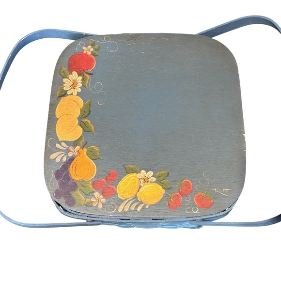 Rare Vtg Signed RUTH Blue With Floral Fruit Wood Top Basket Handles Strawberries - Picture 2 of 15